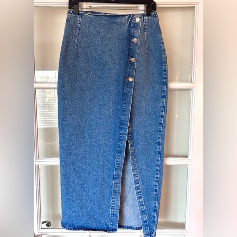 Zara Indigo Denim Maxi Pencil Skirt with Off Center Split Size Medium